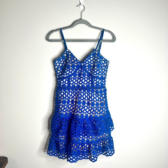 Lulus Beauty and Lace Royal Blue and Nude Crochet Lace Mini Dress Coquette Sz S - Picture 3 of 8
